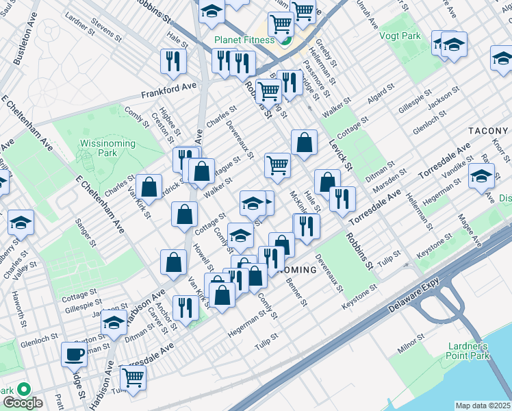 map of restaurants, bars, coffee shops, grocery stores, and more near 4407 Benner Street in Philadelphia