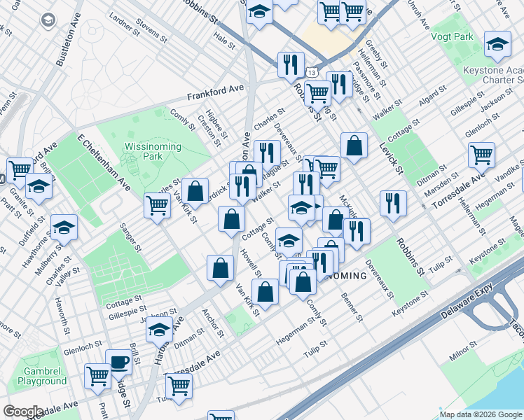 map of restaurants, bars, coffee shops, grocery stores, and more near 4322 Higbee Street in Philadelphia