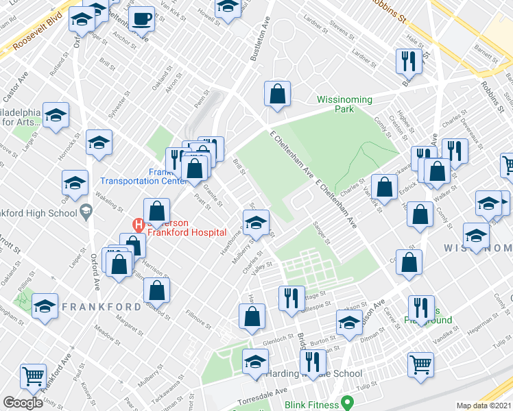 map of restaurants, bars, coffee shops, grocery stores, and more near 1726 Brill Street in Philadelphia