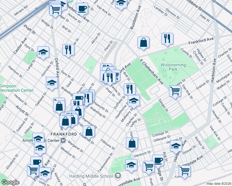 map of restaurants, bars, coffee shops, grocery stores, and more near 1645 Pratt Street in Philadelphia