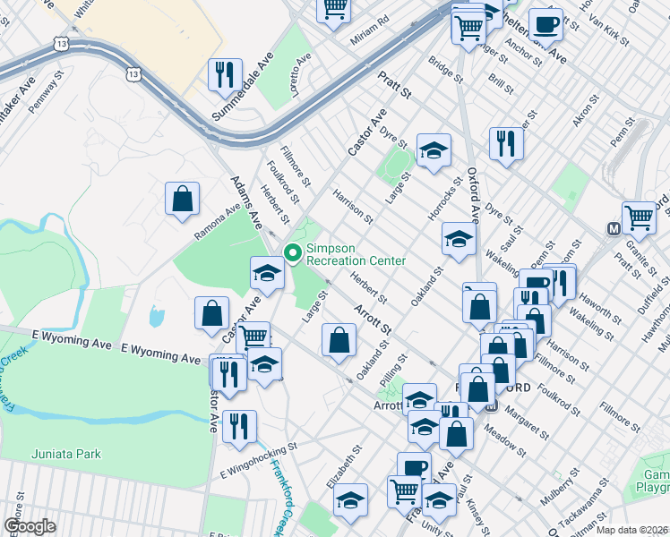 map of restaurants, bars, coffee shops, grocery stores, and more near 4712 Large Street in Philadelphia
