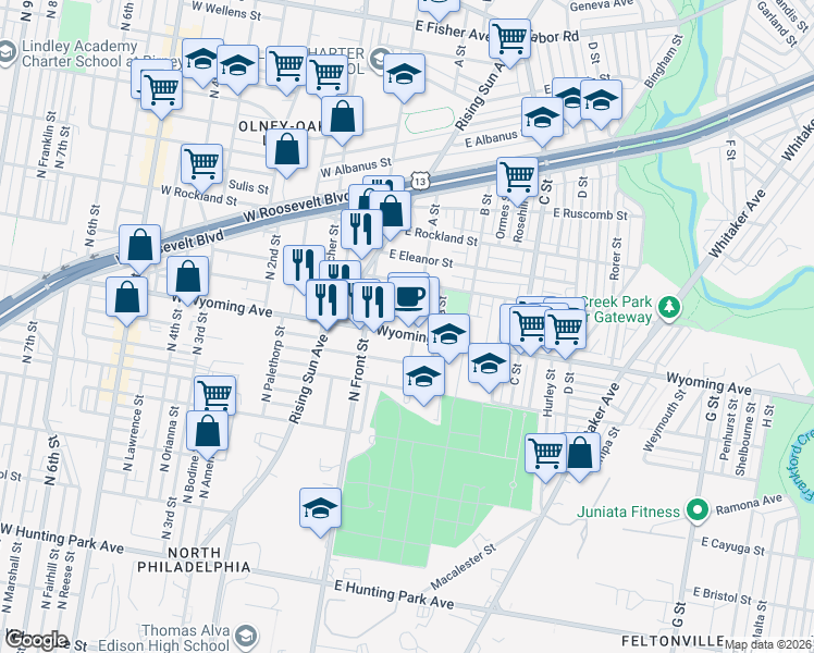 map of restaurants, bars, coffee shops, grocery stores, and more near 131 East Wyoming Avenue in Philadelphia