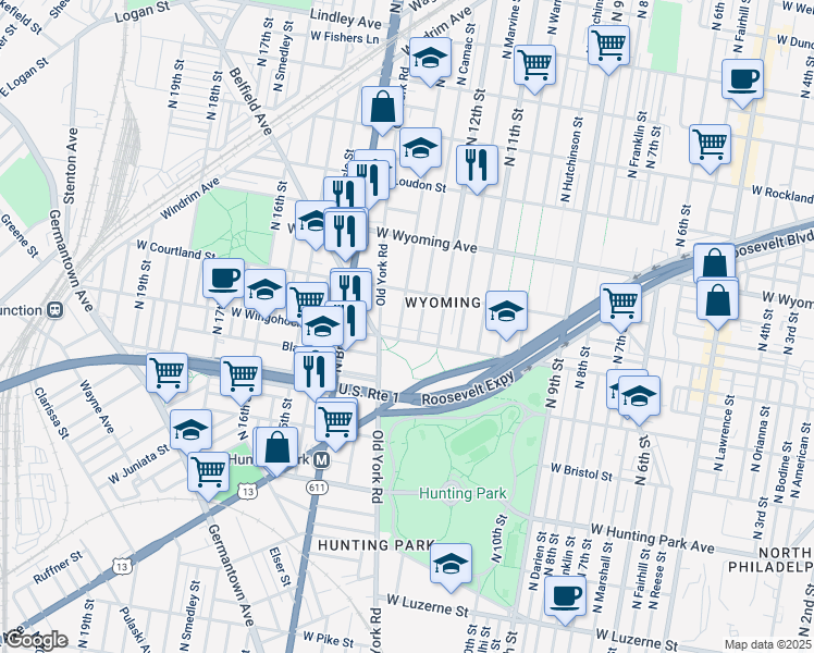 map of restaurants, bars, coffee shops, grocery stores, and more near 4513 North Camac Street in Philadelphia
