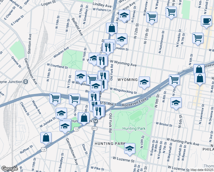 map of restaurants, bars, coffee shops, grocery stores, and more near 1317 West Wingohocking Street in Philadelphia