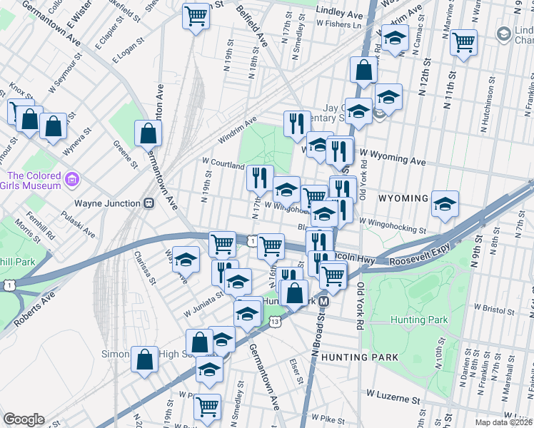 map of restaurants, bars, coffee shops, grocery stores, and more near 4434 North Chadwick Street in Philadelphia