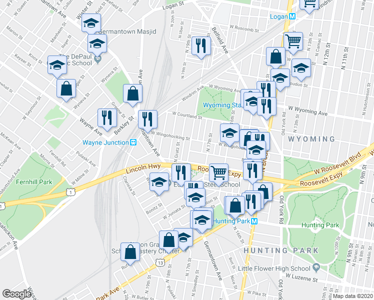 map of restaurants, bars, coffee shops, grocery stores, and more near 4427 North Gratz Street in Philadelphia