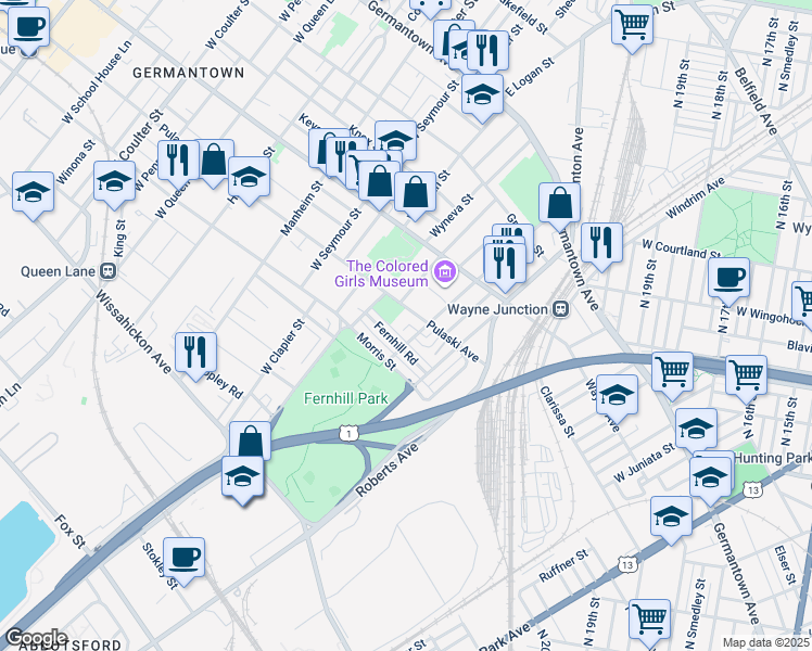 map of restaurants, bars, coffee shops, grocery stores, and more near 4616R Pulaski Avenue in Philadelphia