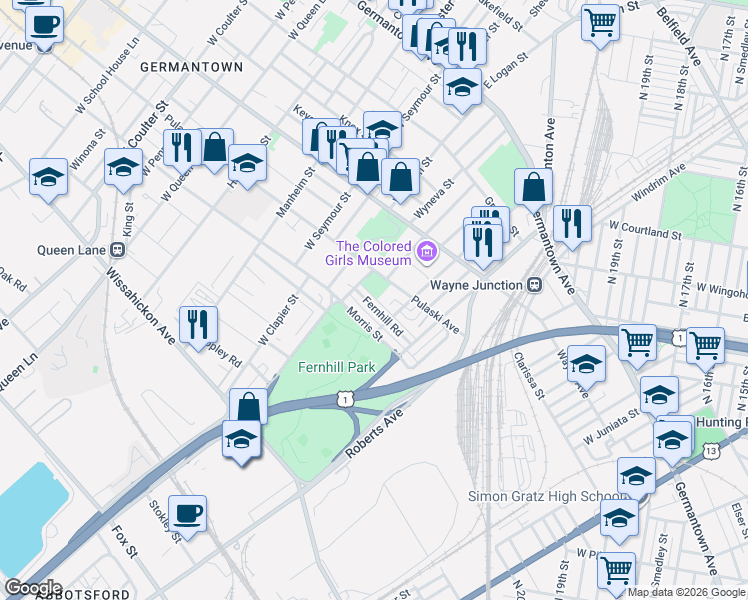 map of restaurants, bars, coffee shops, grocery stores, and more near 4627 Fernhill Road in Philadelphia
