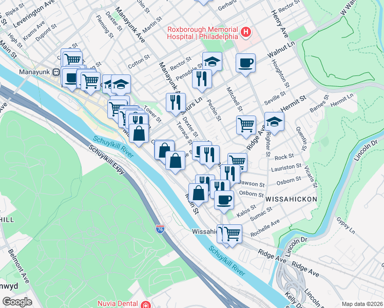map of restaurants, bars, coffee shops, grocery stores, and more near 126 Seville Street in Philadelphia
