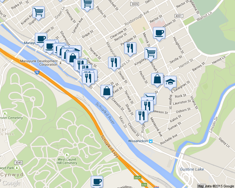 map of restaurants, bars, coffee shops, grocery stores, and more near 126 Seville Street in Philadelphia