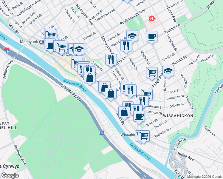 map of restaurants, bars, coffee shops, grocery stores, and more near 126 Seville Street in Philadelphia