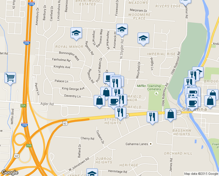 map of restaurants, bars, coffee shops, grocery stores, and more near 140 Imperial Drive in Gahanna