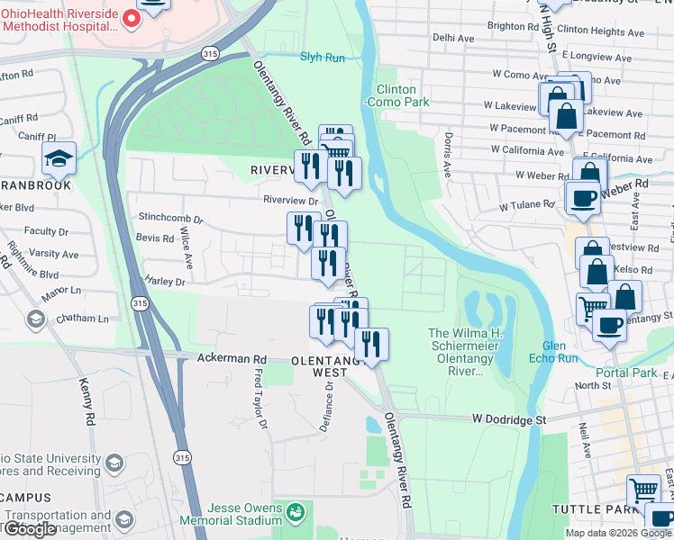 map of restaurants, bars, coffee shops, grocery stores, and more near 2995 Olentangy River Road in Columbus