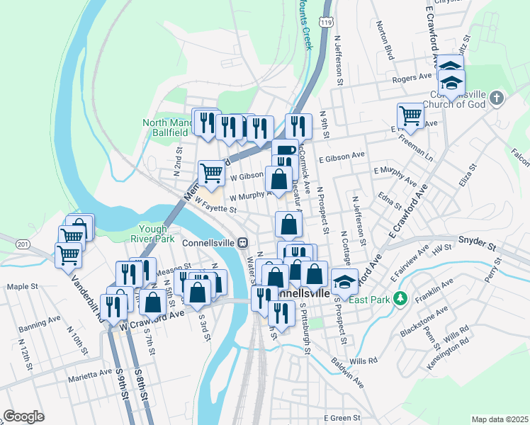map of restaurants, bars, coffee shops, grocery stores, and more near 404 Johnson Avenue in Connellsville
