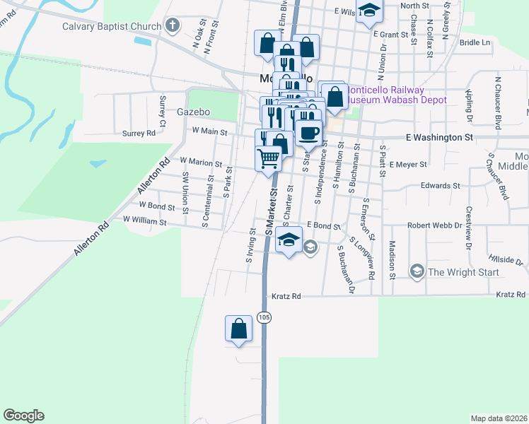 map of restaurants, bars, coffee shops, grocery stores, and more near 498 South Market Street in Monticello