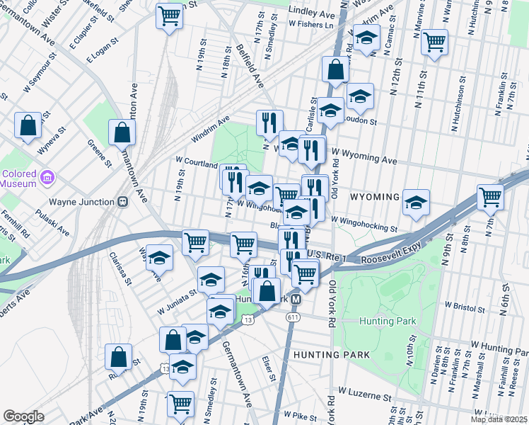 map of restaurants, bars, coffee shops, grocery stores, and more near 1532 West Wingohocking Street in Philadelphia