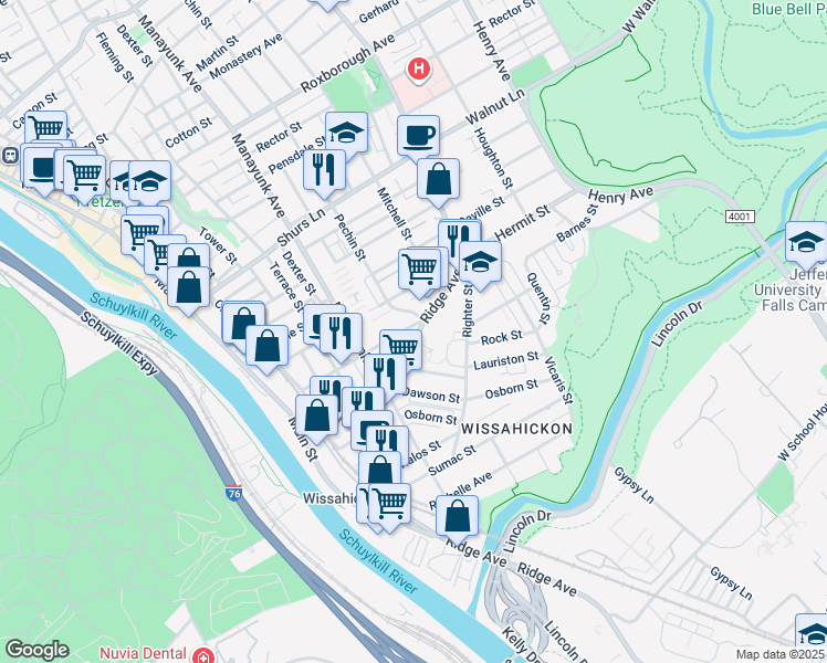 map of restaurants, bars, coffee shops, grocery stores, and more near 5318 Ridge Avenue in Philadelphia
