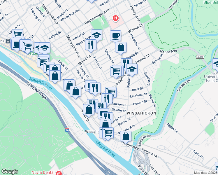 map of restaurants, bars, coffee shops, grocery stores, and more near 343 Salaignac Street in Philadelphia