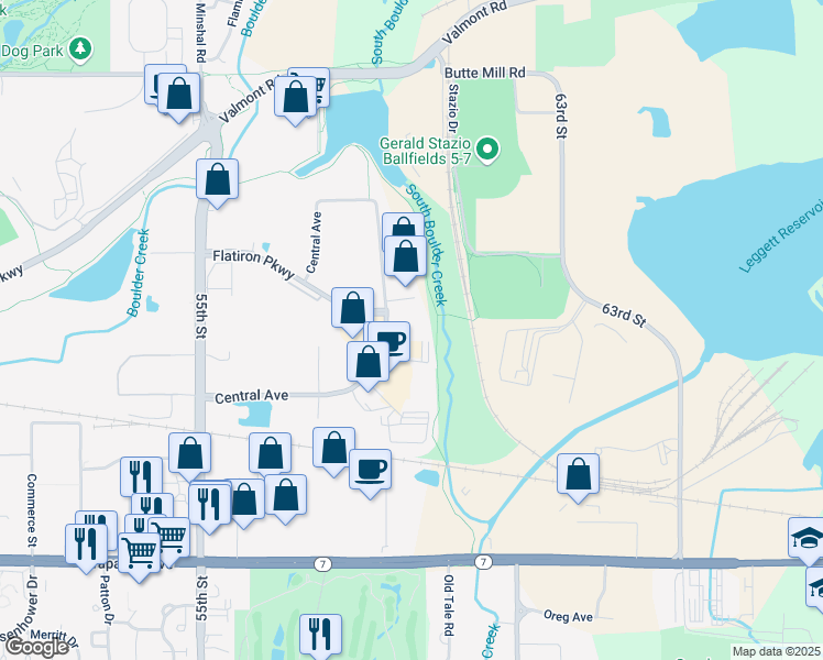 map of restaurants, bars, coffee shops, grocery stores, and more near 2100 Central Avenue in Boulder