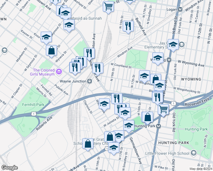 map of restaurants, bars, coffee shops, grocery stores, and more near 4421 North Uber Street in Philadelphia