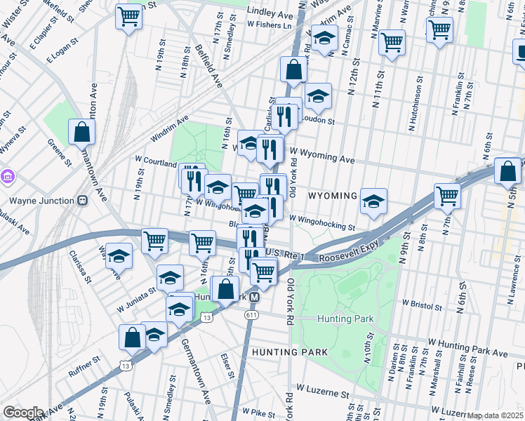 map of restaurants, bars, coffee shops, grocery stores, and more near 4500 North Broad Street in Philadelphia