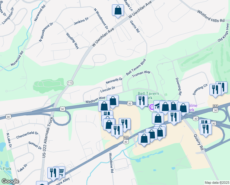 map of restaurants, bars, coffee shops, grocery stores, and more near 22 Madison Way in Downingtown
