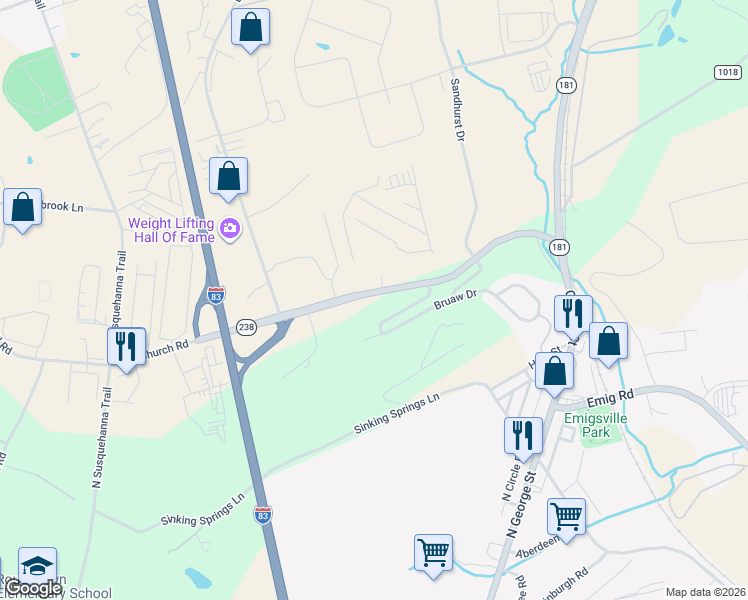 map of restaurants, bars, coffee shops, grocery stores, and more near 220 Church Road in York