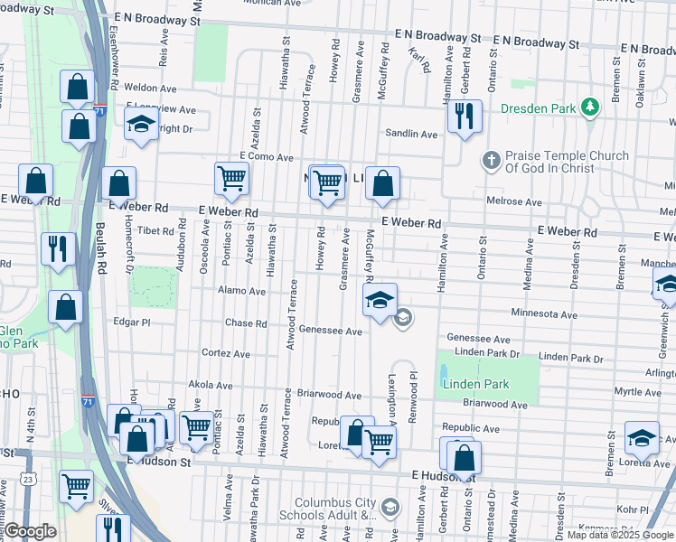 map of restaurants, bars, coffee shops, grocery stores, and more near 2743 Grasmere Avenue in Columbus