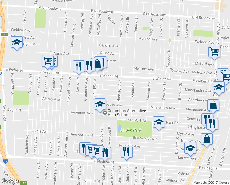map of restaurants, bars, coffee shops, grocery stores, and more near 1226 Aberdeen Avenue in Columbus