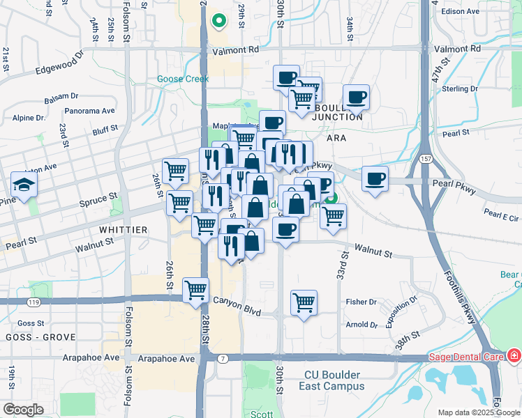 map of restaurants, bars, coffee shops, grocery stores, and more near 2067 30th Street in Boulder
