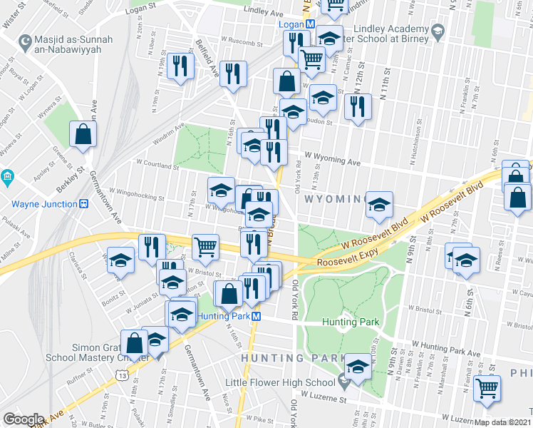 map of restaurants, bars, coffee shops, grocery stores, and more near 4500 North Broad Street in Philadelphia