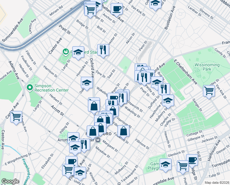 map of restaurants, bars, coffee shops, grocery stores, and more near 5024 Griscom Street in Philadelphia