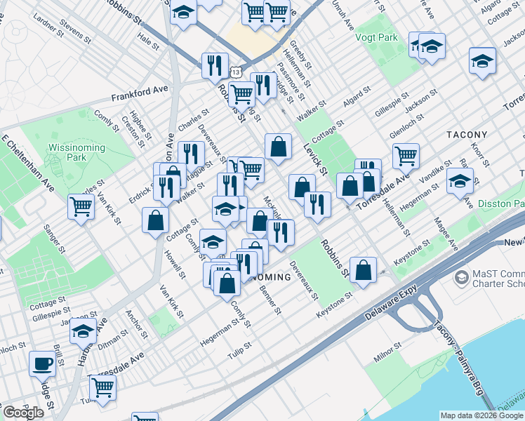map of restaurants, bars, coffee shops, grocery stores, and more near 4509 Devereaux Street in Philadelphia
