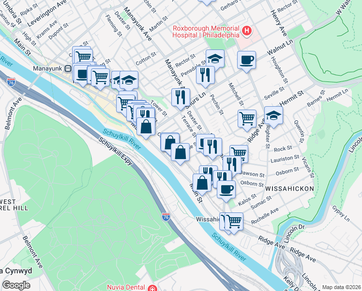 map of restaurants, bars, coffee shops, grocery stores, and more near 126 Seville Street in Philadelphia