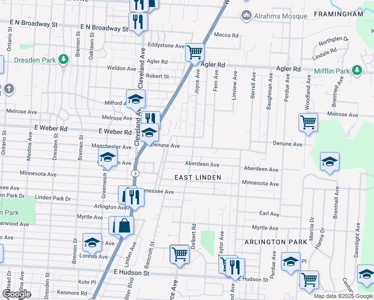 map of restaurants, bars, coffee shops, grocery stores, and more near 1897 Denune Avenue in Columbus