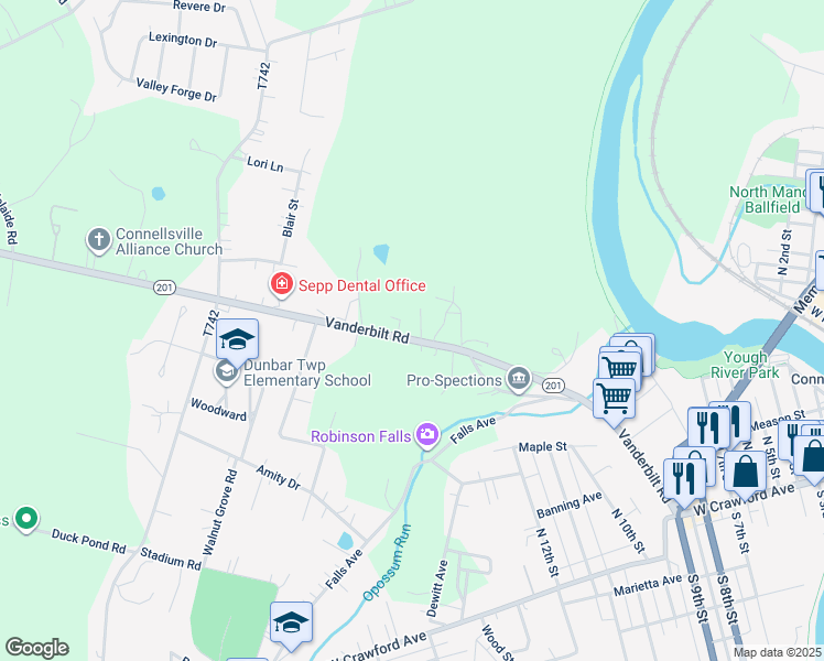map of restaurants, bars, coffee shops, grocery stores, and more near 738 Vanderbilt Rd in Connellsville