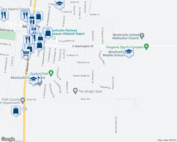 map of restaurants, bars, coffee shops, grocery stores, and more near 13 Corrine Court in Monticello