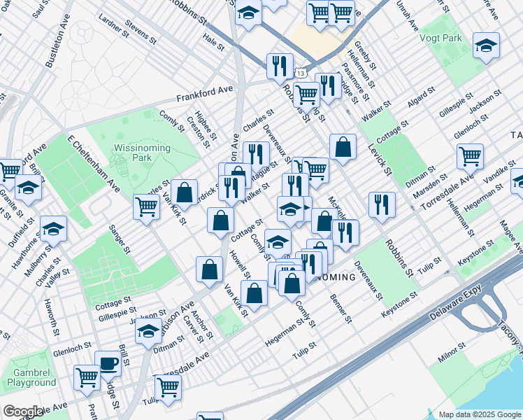 map of restaurants, bars, coffee shops, grocery stores, and more near 4323 Higbee Street in Philadelphia