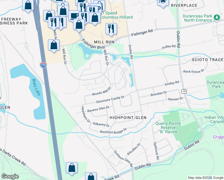 map of restaurants, bars, coffee shops, grocery stores, and more near 3705 Hilliard's Station Road in Hilliard