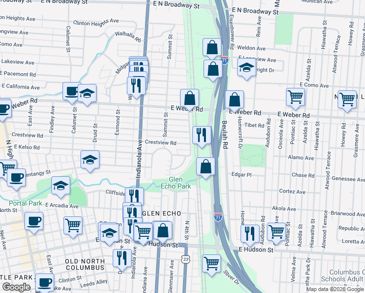 map of restaurants, bars, coffee shops, grocery stores, and more near 551 Crestview Road in Columbus