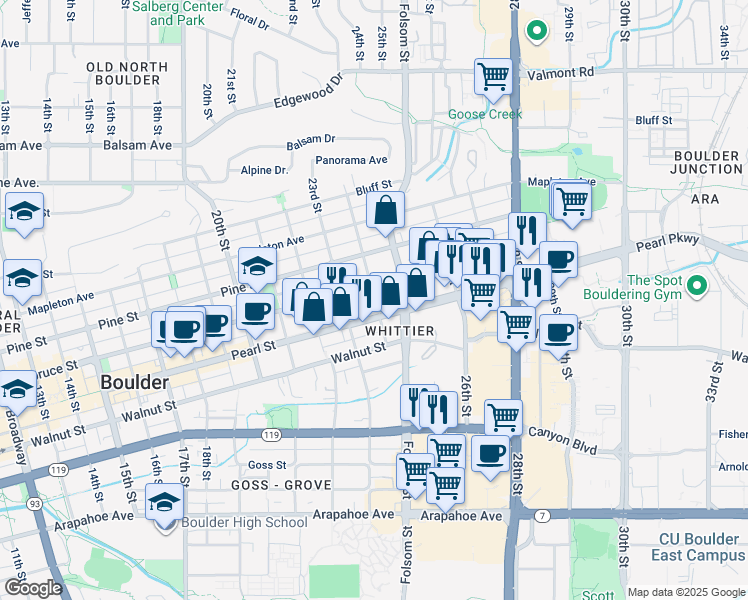 map of restaurants, bars, coffee shops, grocery stores, and more near 2400 Spruce Street in Boulder