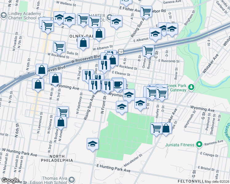 map of restaurants, bars, coffee shops, grocery stores, and more near 131 E Wyoming Ave in Philadelphia