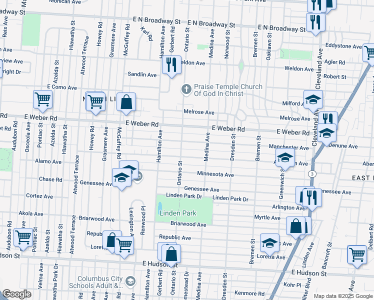 map of restaurants, bars, coffee shops, grocery stores, and more near 1332 Aberdeen Avenue in Columbus