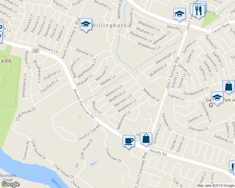 map of restaurants, bars, coffee shops, grocery stores, and more near 47 Medford Lane in Willingboro