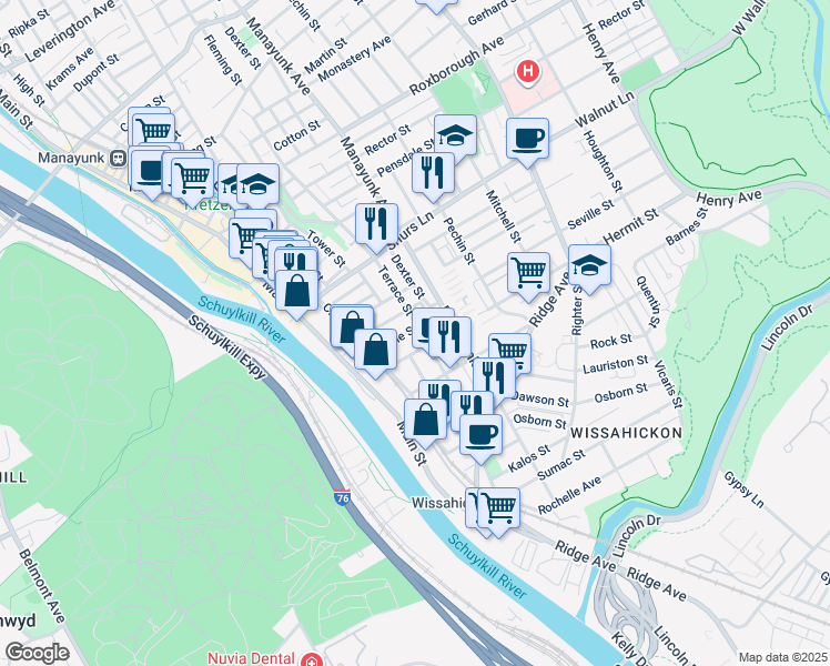 map of restaurants, bars, coffee shops, grocery stores, and more near 3914 Terrace Street in Philadelphia