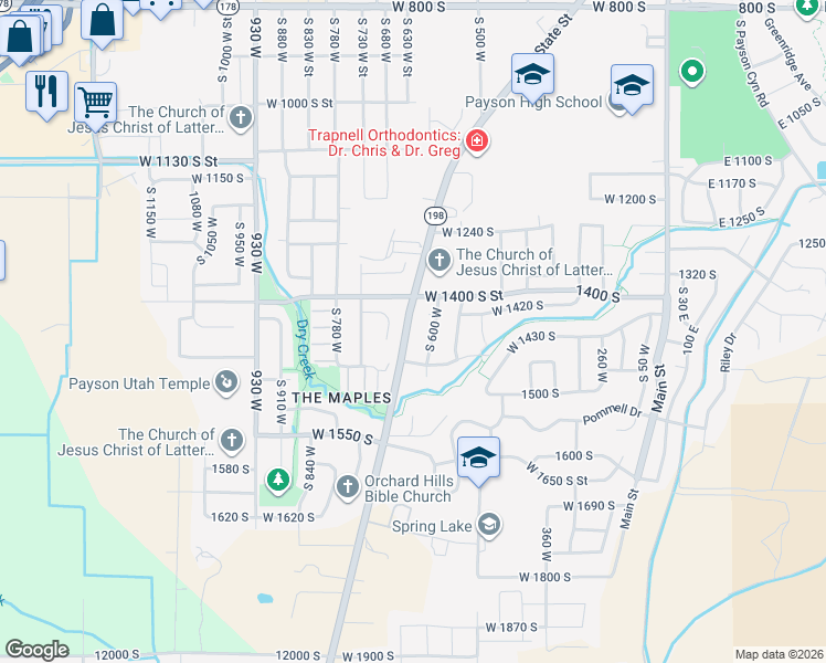 map of restaurants, bars, coffee shops, grocery stores, and more near 1425 South State Street in Payson