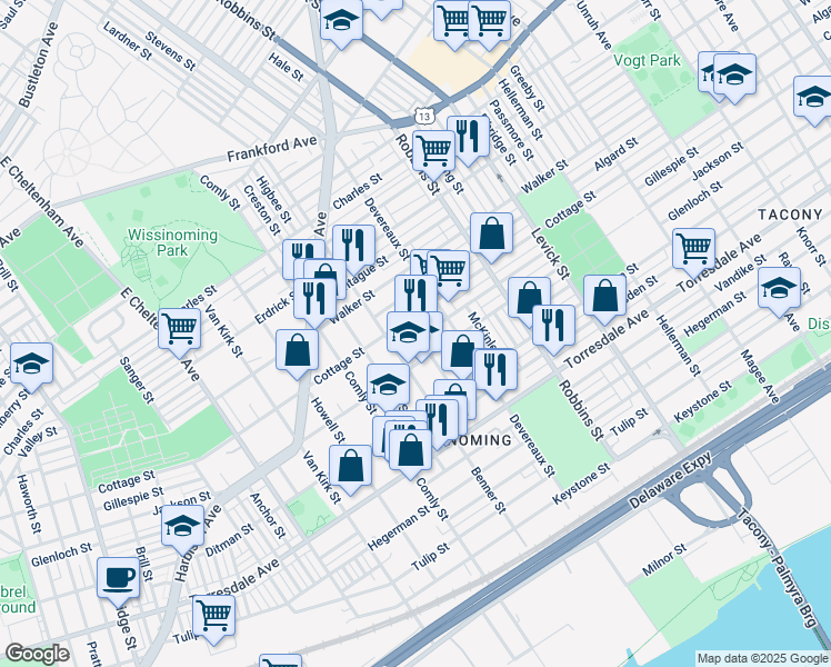 map of restaurants, bars, coffee shops, grocery stores, and more near 6128 Gillespie Street in Philadelphia