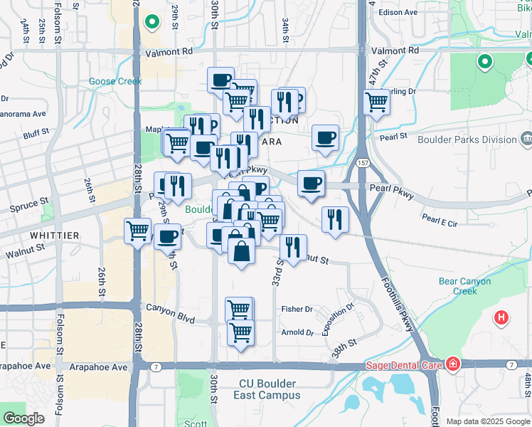 map of restaurants, bars, coffee shops, grocery stores, and more near 3240 Prairie Avenue in Boulder