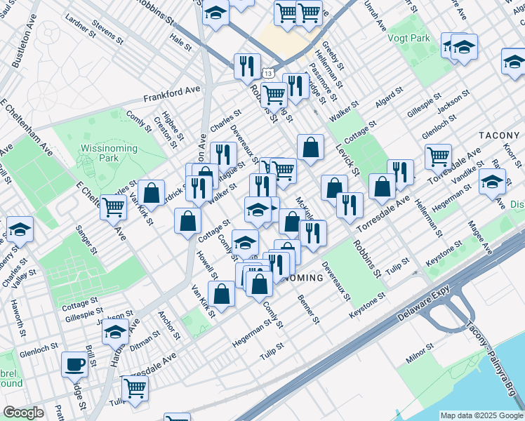 map of restaurants, bars, coffee shops, grocery stores, and more near 6128 Gillespie Street in Philadelphia