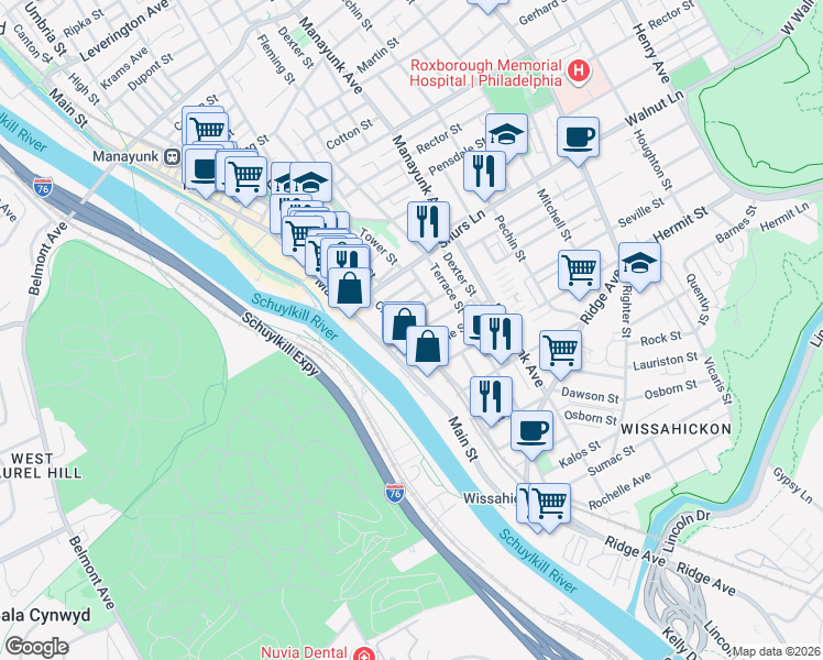 map of restaurants, bars, coffee shops, grocery stores, and more near 119 East Street in Philadelphia